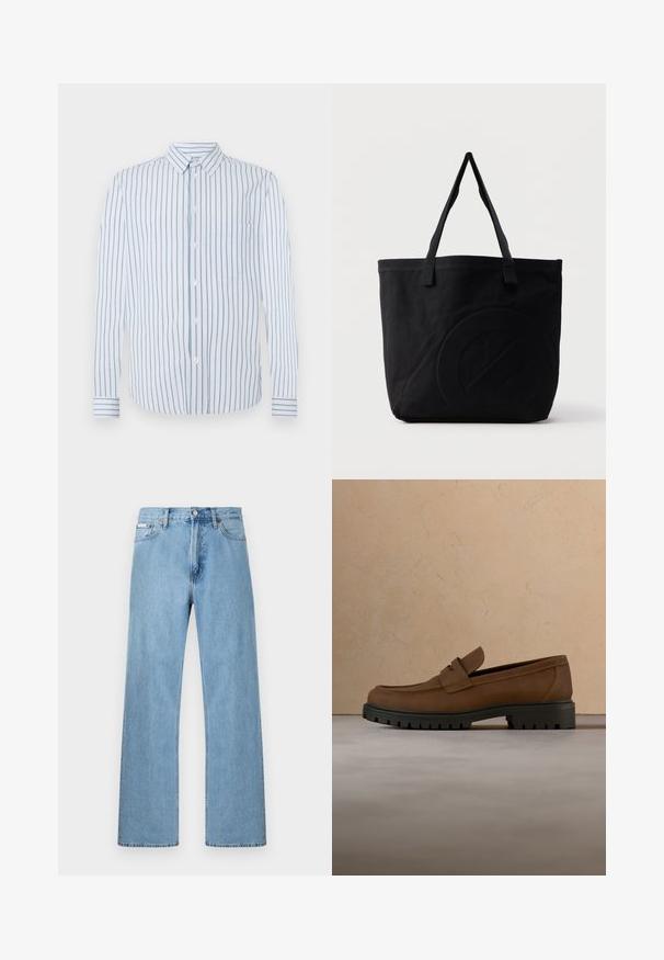 Stribet skjorte med lodrette lyseblå og hvide striber, knaplukning foran og en enkelt brystlomme. Lange ærmer med knapmanchetter.; Lyseblå straight-leg jeans i denim med fem-lomme-design og knaplukning i taljen, vist mod en ensfarvet baggrund.; Mørkebrune læderloafer med tyk sort gummisål vist over en beige tæppe- og sofa baggrund.; Sort canvas-tote-taske med to skulderstropper og et diskret præget cirkeldesign på fronten.