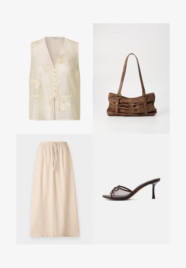 Blouse sans manches de couleur crème avec broderie florale, boutons à l'avant et cordon de serrage à la taille.; Jupe beige longueur cheville en tissu léger avec une taille élastique et un lien ajustable. Présente une silhouette droite et décontractée.; Mule ouverte marron avec talon aiguille de hauteur moyenne, tige en mesh transparent et petit détail de nœud sur le dessus.; Even&Odd by Zalando Sac à main - brown