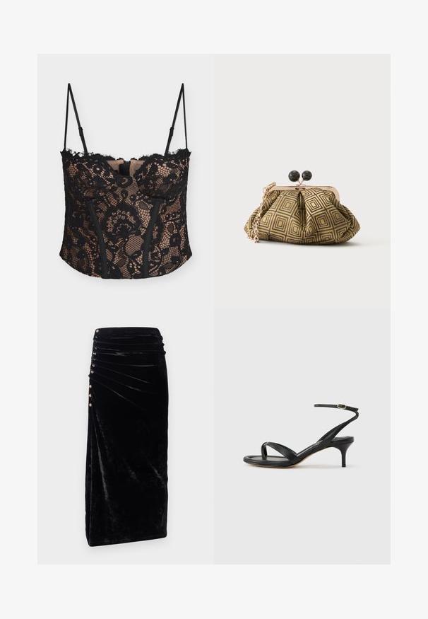 Haut style corset en dentelle noire avec motif floral, doublure couleur nude, bretelles fines réglables et panneaux avant structurés.; Rabanne Jupe crayon - black; Sandale pour femme en cuir noir avec fines lanières, une boucle d'orteil, une boucle à la cheville et un talon aiguille de hauteur moyenne sur un fond neutre.; Petite pochette avec motif géométrique doré et noir, cadre en métal doré, fermeture à boule noire et une courte chaîne dorée.