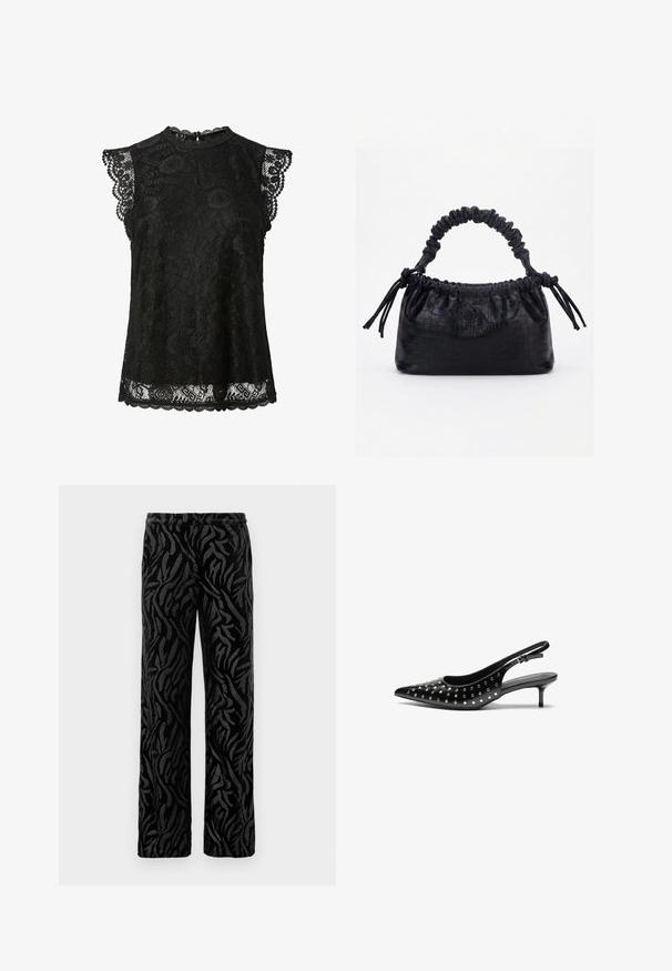 Schwarze ärmellose Spitzenbluse mit Blumenmustern, gewellten Rändern und einem kleinen Knopfverschluss am hinteren Halsausschnitt.; Schwarze Hose mit einem strukturierten, wirbelnden Muster. Aus weichem Material mit geradem Schnitt und elastischem Bund für besonderen Komfort.; Schwarze Leder-Slingback-Highheels mit spitzer Zehenform und kleinem Absatz. Verziert mit metallischen Nieten entlang des Obermaterials für zusätzliche Textur.; Schwarze Handtasche mit Krokodilstruktur, gerafftem oberen Rand, zusammengezogenem Griff und Zugkordeln mit Quasten an jeder Seite vor weißem Hintergrund.
