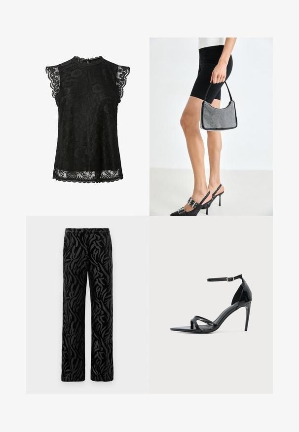 Schwarze ärmellose Spitzenbluse mit Blumenmustern, gewellten Rändern und einem kleinen Knopfverschluss am hinteren Halsausschnitt.; Schwarze Hose mit einem strukturierten, wirbelnden Muster. Aus weichem Material mit geradem Schnitt und elastischem Bund für besonderen Komfort.; Schwarze Sandale aus Lackleder mit hohem Absatz, dünnem Knöchelriemen, offenem Zehenbereich und minimalistischem Design auf hellem, einfarbigem Hintergrund.; Schwarze Perlen-Handtasche mit geschwungener Silhouette, Tragegriff und glänzender Textur. Kombiniert mit schwarzen High Heels und enganliegenden schwarzen Shorts.
