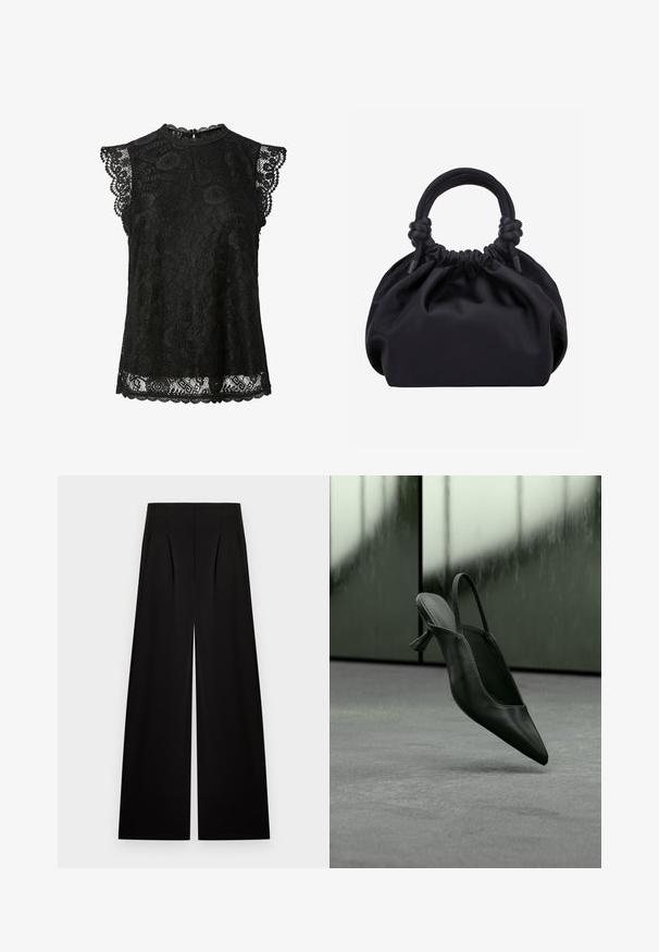 Schwarze ärmellose Spitzenbluse mit Blumenmustern, gewellten Rändern und einem kleinen Knopfverschluss am hinteren Halsausschnitt.; Schwarze, hoch taillierte Hosen mit weitem Bein und vorderen Falten, flach auf einem hellen Hintergrund liegend dargestellt.; Schwarzer Slingback-Highheel aus Leder mit spitzer Schuhspitze, schwebt über grauem Teppichboden, unscharfer grünlicher Wandhintergrund.; Schwarze weiche Stoffhandtasche mit gerafftem oberen Rand und runden, gepolsterten Griffen, die auf jeder Seite mit Knoten gebunden sind.