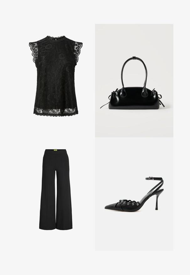 Schwarze ärmellose Spitzenbluse mit Blumenmustern, gewellten Rändern und einem kleinen Knopfverschluss am hinteren Halsausschnitt.; Schwarze, weit geschnittene Hose mit hoher Taille und vertikalen Nahtdetails an der Vorderseite.; Schwarzer, spitzer High-Heel-Schuh mit geschwungenen Kanten, Metallösen, Schnürung vorne und Knöchelriemen mit Schnallverschluss.; Kleine schwarze glänzende Handtasche mit zwei langen Griffen und seitlichen Kordelzug-Details vor einfachem hellem Hintergrund.