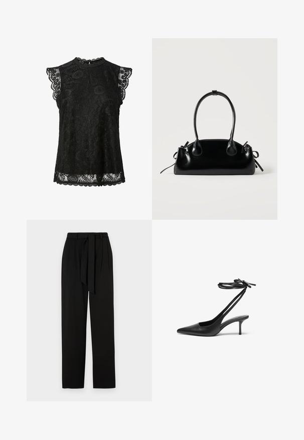 Schwarze ärmellose Spitzenbluse mit Blumenmustern, gewellten Rändern und einem kleinen Knopfverschluss am hinteren Halsausschnitt.; Schwarze Hose mit hoher Taille, seitlichen Falten und einem Stoffgürtel. Aus einem glatten Material mit geraden, bodenlangen Beinen gefertigt.; Schwarzer Leder-Stiletto mit spitzem Zehenbereich, offenem Fersenbereich und mit einer Schleife gebundenen Knöchelriemen. Schlanker 3-Zoll-Absatz. Glatte Textur, minimalistisches Design.; Kleine schwarze glänzende Handtasche mit zwei langen Griffen und seitlichen Kordelzug-Details vor einfachem hellem Hintergrund.