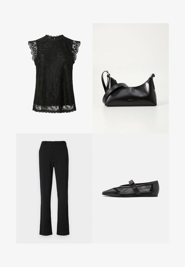 Blouse noire sans manches en dentelle avec motifs floraux, bords festonnés et une petite fermeture par bouton au niveau de la nuque.; Pantalons évasés noirs avec une texture lisse, présentant un devant plat, des passants de ceinture et une fermeture éclair. Conçus pour un ajustement ajusté.; Chaussure plate noire avec un bout pointu, panneaux latéraux en maille et une sangle avec une boucle décorative. Fini lisse sur les sections du bout et du talon.; Sac à main en cuir noir avec une texture lisse. Dispose d'une bandoulière adjustable et d'un design élégant et minimaliste avec une fermeture éclair.