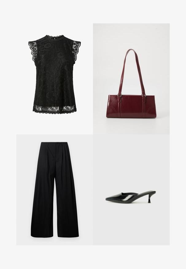 Schwarze ärmellose Spitzenbluse mit Blumenmustern, gewellten Rändern und einem kleinen Knopfverschluss am hinteren Halsausschnitt.; Schwarze weite Hose mit hoher Taille, versehen mit vertikalen Falten und einem Knopfverschluss. Glatte Textur, minimalistisches Design.; Schwarze Lackleder-Mules mit spitzem Zeh, niedrigem Kitten-Heel und geschwungenen Seiten, die ein glänzendes Finish und ein minimalistisches Design aufweisen.; Burgunderfarbene Handtasche aus glänzendem Material, rechteckige Form, mit zwei Schulterriemen und subtilen, geschwungenen Akzenten an der Vorderseite.