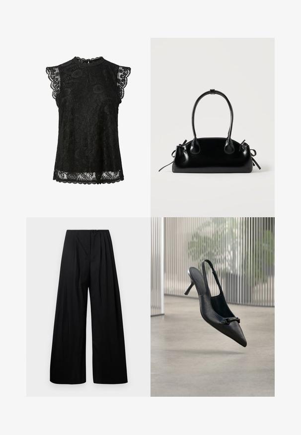 Schwarze ärmellose Spitzenbluse mit Blumenmustern, gewellten Rändern und einem kleinen Knopfverschluss am hinteren Halsausschnitt.; Schwarze weite Hose mit hoher Taille, versehen mit vertikalen Falten und einem Knopfverschluss. Glatte Textur, minimalistisches Design.; Schwarzer, strukturierter Leder-Slingback-Hochschuh mit spitzer Spitze und einer kleinen dekorativen Schnalle, der über einem glatten Boden zu schweben scheint.; Kleine schwarze glänzende Handtasche mit zwei langen Griffen und seitlichen Kordelzug-Details vor einfachem hellem Hintergrund.