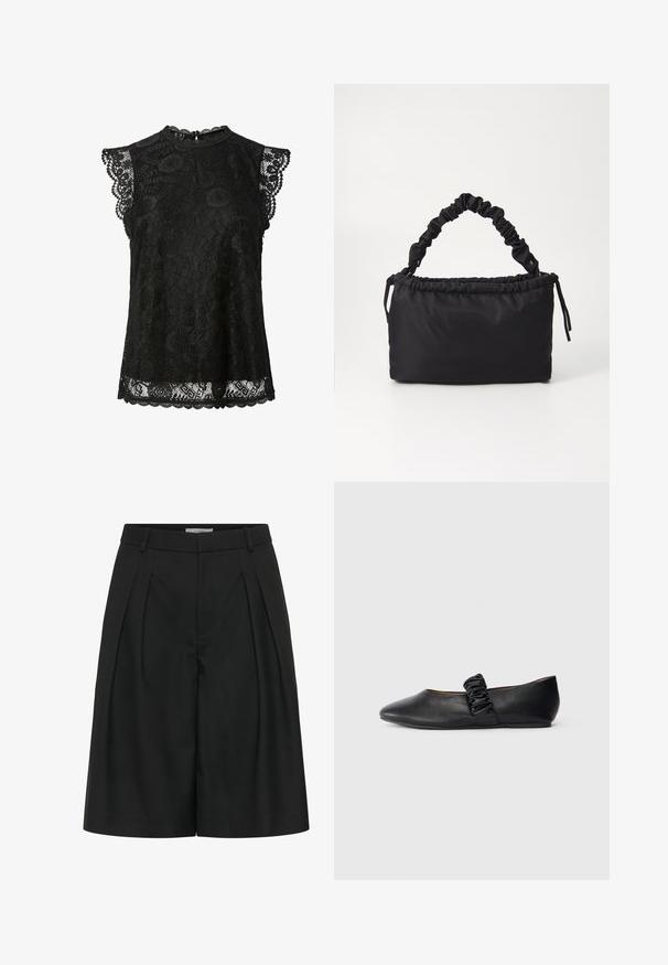 Blusa de encaje negra sin mangas con patrones florales, bordes en forma de ondas y un pequeño cierre de botón en la parte trasera del escote.; Shorts negros de talle alto, confeccionados a medida, con pliegues delanteros, trabillas para cinturón y cierre delantero oculto.; Zapato plano negro con una cinta elástica fruncida en la parte superior y una punta redonda sobre un fondo blanco liso.; Bolso negro hecho de tela suave y lisa. Presenta un asa fruncida y cierre con cordón, con forma rectangular y sin herrajes visibles.