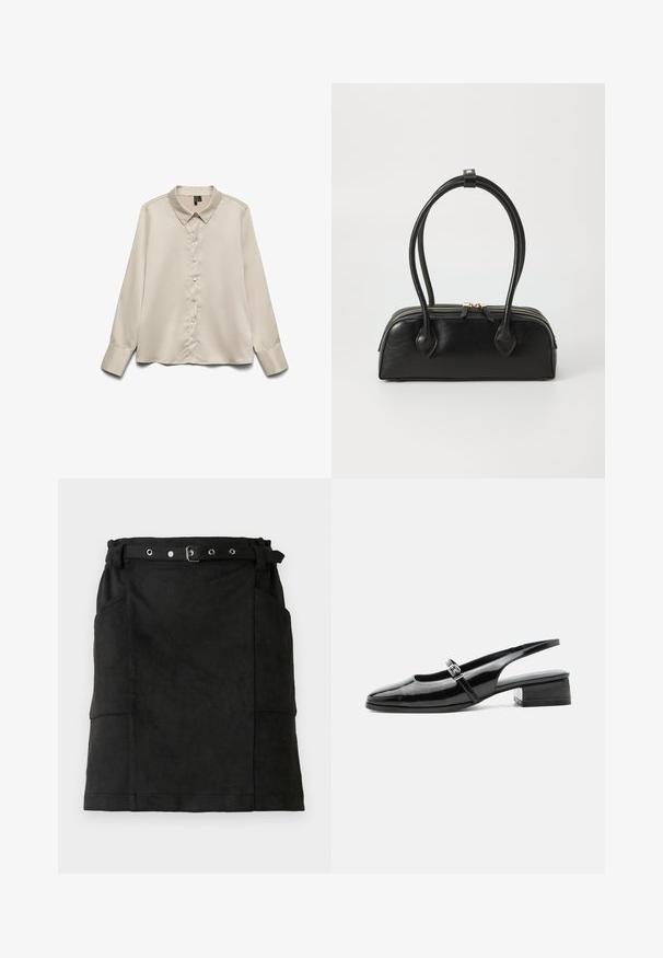 Blusa de manga larga color beige claro hecha de tejido suave, con cuello puntiagudo, cierre de botones completo y puños de un botón.; Falda de ante negra con una forma ajustada, que incluye pasadores para cinturón, una hebilla y dos bolsillos laterales. Textura suave, diseño hasta las rodillas.; Zapato slingback de charol negro con tacón bajo y grueso y una fina correa con hebilla de plata en la parte superior.; Bolso de mano de cuero negro con dos asas alargadas, cierre de cremallera y forma redondeada; textura suave con un acabado ligeramente brillante.