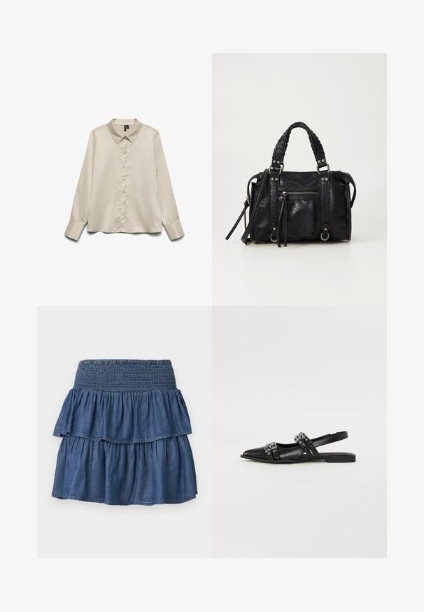 Lys beige langærmet blouse lavet af glat stof, med spidse kraver, fuld knaplukning og enknapsmanchetter.; Blå lagdelt denimnederdel med bred smocktalje og to opsamlede lag på en ensfarvet baggrund.; Even&Odd Slingback-ballerinasko - black; Sort struktureret faux læder håndtaske med flettede remme, sølv hardware detaljer og en front lynlåslomme. Kompakt design med aftagelig skulderrem.