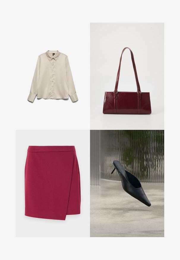 Lys beige langærmet blouse lavet af glat stof, med spidse kraver, fuld knaplukning og enknapsmanchetter.; Omslagsnederdel i dyb bourgogne, lavet af blødt stof. Har en glat talje og en asymmetrisk sømkant, der skaber en flydende silhuet.; Sort mule sko med spids tå og tynd høj hæl, der svæver over en glat beton gulv med en sløret baggrund med lodrette striber.; Bordeaux håndtaske lavet af glansfuldt materiale, rektangulær form, med to skulderremme og subtile buede detaljer på forsiden.