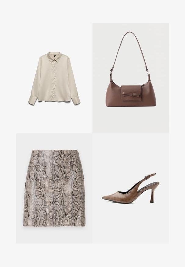 Blusa de manga larga color beige claro hecha de tejido suave, con cuello puntiagudo, cierre de botones completo y puños de un botón.; Una mini falda ajustada con un acabado brillante, textura de imitación de serpiente en tonos de beige y negro, con un acabado suave y sin cierres visibles.; Zapato destalonado de piel marrón con tacón alto, punta estrecha, tira ajustable con hebilla y tacón delgado y cónico.; Bolso bandolera de cuero marrón con un bolsillo frontal de solapa que presenta un detalle de moño cosido y una correa ajustable.