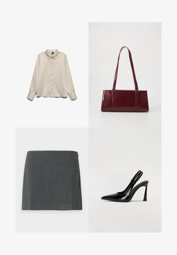 Lys beige langærmet blouse lavet af glat stof, med spidse kraver, fuld knaplukning og enknapsmanchetter.; Sort-hvid ternet nederdel lavet af stof med en glat tekstur. Har en lige silhuet og lynlåslukning i siden.; Sorte patenterede lædersædler med spidse tæer, slank høj hæl og dobbelt elastisk rem for sikker pasform. Glat, skinnende overflade.; Bordeaux håndtaske lavet af glansfuldt materiale, rektangulær form, med to skulderremme og subtile buede detaljer på forsiden.