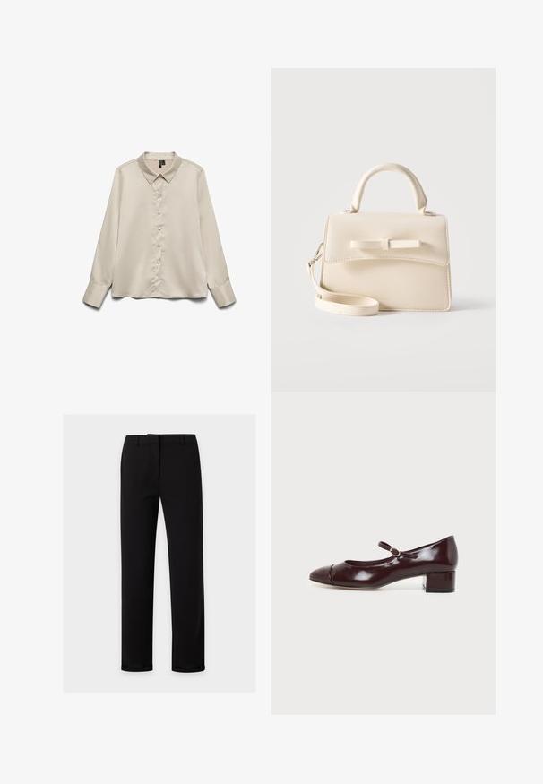 Lys beige langærmet blouse lavet af glat stof, med spidse kraver, fuld knaplukning og enknapsmanchetter.; Sorte bukser med lige ben med bæltestropper, foran lynlås og en glat linning, vist på en ensartet lys baggrund.; Mørk bourgogne laklæder Mary Jane sko med lav blokhæl og en lille rund spænde stroppet over vristen.; Lille beige håndtaske med top-håndtag, aftagelig rem, forreste klap og dekorativ vandret sløjfe på en ensfarvet baggrund.