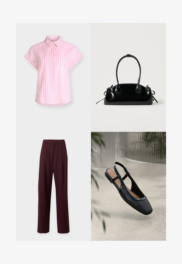 Chemise rose à manches courtes avec des rayures blanches verticales, une patte de boutonnage sur le devant et un col pointu, présentée sur un fond uni.; Pantalon marron foncé taille haute sur mesure avec jambes droites et passants de ceinture, présenté sur un fond clair uni.; Chaussure plate slingback en cuir noir avec un orteil carré, dotée d'un fini verni brillant et de sangles ajustables pour un maintien sécurisé.; Petit sac à main noir brillant avec deux longues anses et des détails à cordon sur les côtés sur un fond clair uni.