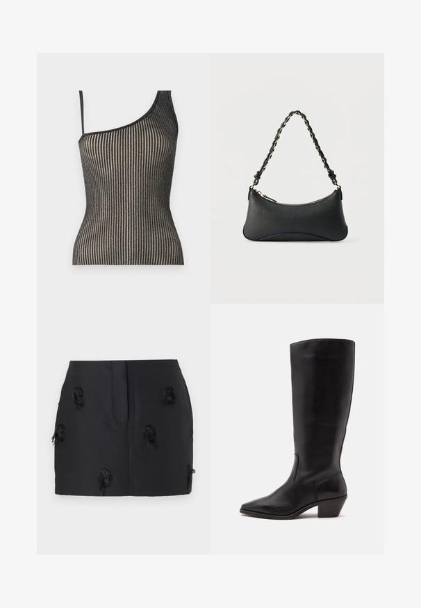 Ein einseitig tragendes Oberteil mit einem gerippten Design in Schwarz und Gold, versehen mit dünnen Trägern. Es hat eine figurnahe Passform und einen sanften Glanz.; Schwarzer Rock mit figurbetontem Design und strukturierten, ausgefransten Akzenten über den Stoff verteilt. Glattes Material ohne sichtbare Verschlüsse.; Schwarzer Lederstiefel bis zur Wade mit spitzer Spitze und niedrigem schrägem Absatz vor einfachem hellem Hintergrund.; Schwarze Lederschultertasche mit gewölbter rechteckiger Form, goldener Kette, die in den geflochtenen schwarzen Riemen eingewebt ist, und Reißverschlussverschluss oben.