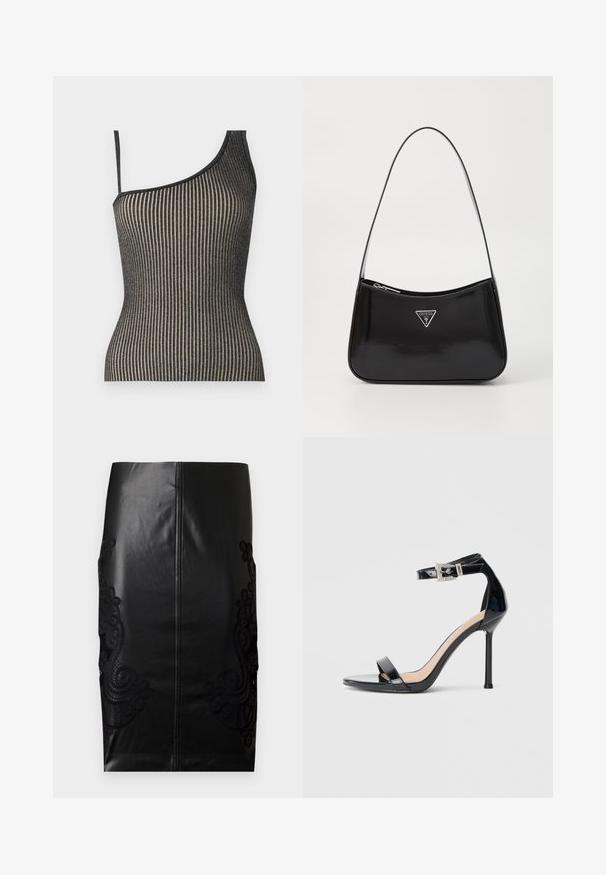 Ein einseitig tragendes Oberteil mit einem gerippten Design in Schwarz und Gold, versehen mit dünnen Trägern. Es hat eine figurnahe Passform und einen sanften Glanz.; Schwarzer Leder-Bleistiftrock mit filigraner schwarzer Spitzenstickerei an den Seiten, nahtloser Rückseite und glatter Textur. Klassischer Schnitt und Silhouette.; Schwarzer Riemchensandale aus Lackleder mit hohem Absatz und Knöchelriemen. Verfügt über ein minimalistisches Design, offene Zehenpartie und eine Schnalle mit Strassakzenten.; Schwarze patentierte Leder-Schultertasche mit geschwungener Form, ausgestattet mit einem silbernen Dreieckslogo und einem Reißverschluss. Glatte Textur und schmaler Riemen.