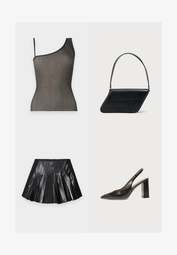 Top asimétrico con diseño de canalé en negro y dorado, con tirantes finos, que presenta una forma ajustada y un brillo sutil.; Falda negra plisada con frente de cuero brillante y cinturilla negra sólida con un pequeño detalle metálico. Paneles de cuero texturizado que realzan el diseño.; Zapato slingback de piel negra con puntera puntiaguda, tacón alto y ancho, y forro interior beige sobre un fondo claro y liso.; Bolso de hombro de cuero negro con forma triangular, logo en relieve y una sola correa ajustable. Diseño minimalista con textura suave.
