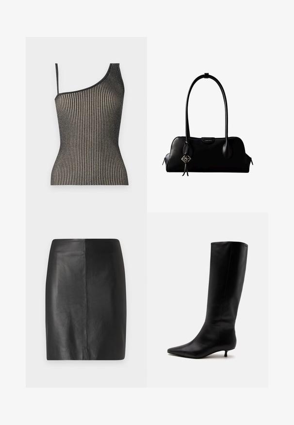 Top asimétrico con diseño de canalé en negro y dorado, con tirantes finos, que presenta una forma ajustada y un brillo sutil.; Falda de cuero negro con un diseño ajustado y textura suave, que presenta una costura central en el frente y una silueta limpia y minimalista.; Bota alta de cuero negro hasta la rodilla con puntera puntiaguda y tacón bajo tipo kitten sobre un fondo claro y liso.; Bolso de mano negro de cuero Calvin Klein con asas largas, una etiqueta con el logo frontal y un colgante geométrico plateado que cuelga de una de las asas.