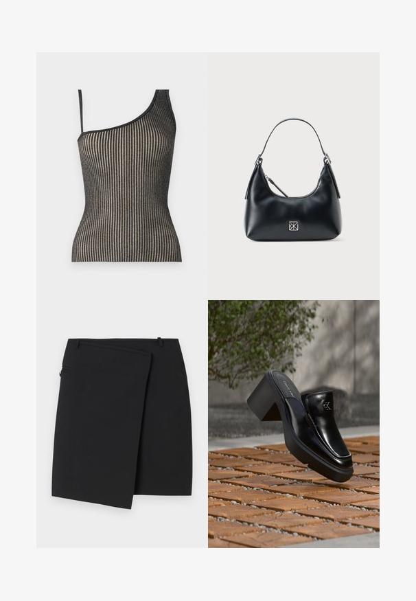 Een one-shoulder top met een ribbelontwerp in zwart en goud met dunne bandjes, met een getailleerde pasvorm en subtiele glans.; Zwarte wikkelrok met een soepele textuur, voorzien van een ritssluiting aan de zijkant en twee riemlussen. Eenvoudig ontwerp zonder zichtbare patronen of accenten.; Zwarte leren Calvin Klein slip-on mule met blokhak rustend op houten tegels buiten, vlak bij een groene plant en een grijze muur.; Zwarte leren schoudertas met een enkele handgreep, ritssluiting en een klein vierkant zilveren logo op de voorkant.