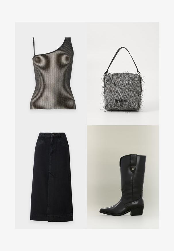 Top asimétrico con diseño de canalé en negro y dorado, con tirantes finos, que presenta una forma ajustada y un brillo sutil.; Falda midi de mezclilla negra con forma recta, cierre de botones en la parte delantera y bolsillos laterales con sutiles detalles de costura.; Bota cowboy alta de cuero negro con punta puntiaguda, tacón grueso y lengüeta con un pequeño logo dorado.; Bolso de espiga negro y blanco tejido con bordes deshilachados, que cuenta con una correa delgada para el hombro y un logo en la parte frontal.