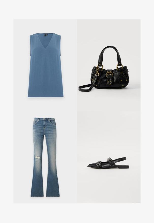 Haut bleu tricoté sans manches avec col en V, ourlet droit et texture lisse, présenté sur un fond blanc uni.; Jean flare en denim bleu avec des détails usés sur la cuisse et le genou gauches, bouton à l'avant et coupe à cinq poches.; Even&Odd by Zalando Ballerines à brides arrière - black; Sac à main en cuir noir avec boucle dorée et détails à rivets, poignées courtes et bandoulière réglable sur fond blanc uni.