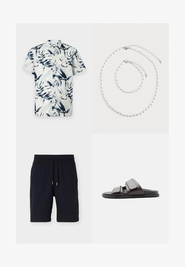 Chemise à manches courtes avec un motif de feuilles bleu et blanc, boutons sur le devant et col. Confectionnée en tissu léger et respirant.; Shorts décontractés noirs texturés avec taille élastique et cordons, longueur genou, présentés sur un fond clair uni.; Sandale slide marron foncé avec deux larges sangles velcro réglables et une semelle noire, vue de côté sur fond blanc.; Collier de perles et bracelet assorti avec fermoirs en chaîne argentée disposés sur un fond blanc.