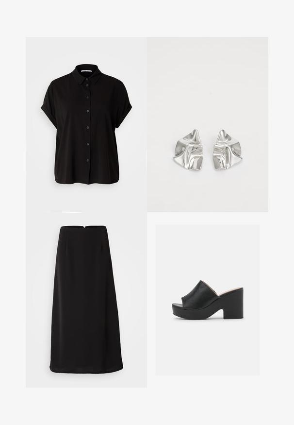 Chemise noire à manches courtes avec un devant à boutons, un col et des poignets retroussés. Fabriquée en tissu lisse avec une coupe décontractée.; Jupe midi noire avec une texture lisse, silhouette droite et fermeture éclair au dos. Présente des plis subtils pour plus de détail et de fluidité.; Des mules ouvertes en cuir noir présentent une large lanière avant et un talon en plateforme épais et haut avec une texture lisse. Vue de côté présentée.; Boucles d'oreilles en métal argenté avec un design ondulé et sculptural, présentant une finition polie et des formes irrégulières, mettant en valeur une esthétique contemporaine.