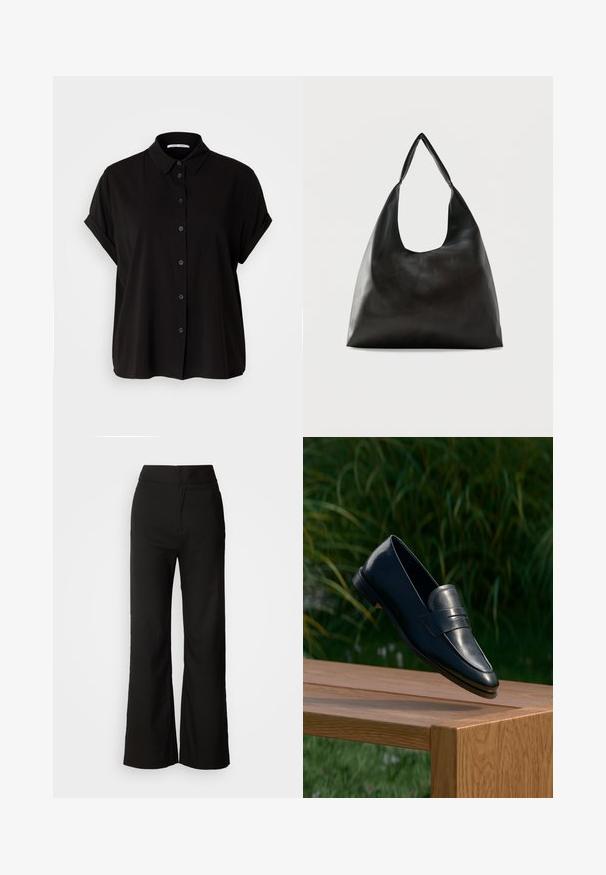 Chemise noire à manches courtes avec un devant à boutons, un col et des poignets retroussés. Fabriquée en tissu lisse avec une coupe décontractée.; Pantalons noirs à jambes larges avec une texture lisse, taille haute et un design épuré. Pas de poches visibles ni d'embellissements.; Mocassin en cuir noir équilibré sur le bord d’un banc en bois à l’extérieur avec un fond de feuillage vert.; Sac bandoulière en cuir noir lisse avec une large sangle unique et un design décontracté et minimaliste sur un fond uni.