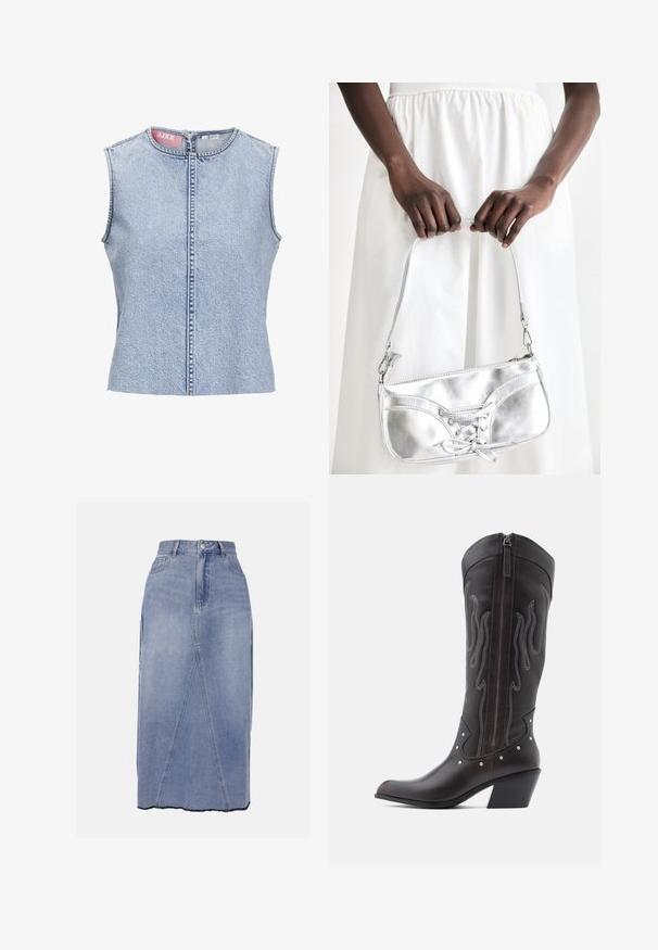 Kesintisiz denim üst giyim, açık mavi renkte, yuvarlak yakalı, ön fermuarlı ve ham kenar detaylı. Malzeme dokulu bir görünüme sahip.; Denim midi-hame vaaleansinisessä värissä, jossa on korkea vyötärö, etusaumat ja epätasainen helma raidoilla, mikä luo tekstuuria.; Ruskeat nahkaiset cowboy-saappaat liekkikirjailulla, sivuvetoketjulla, hopeisilla niiteillä, teräväreunaisilla kärjillä ja kerrostetulla korolla.; Hopeakäyttöinen käsilaukku, jossa on nauhakiinnitys, elegantti muotoilu ja lyhyt hihna. Laukkua pidetään käsissä, esittäen sen pintarakennetta.