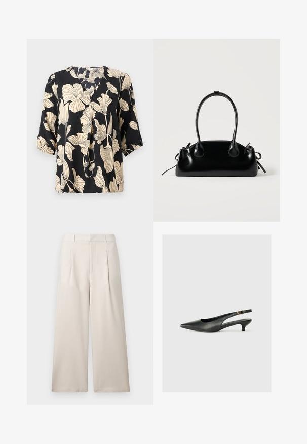 Zwarte blouse met een bloemenpatroon in beige, gemaakt van lichte stof. Het heeft een ontspannen pasvorm en korte mouwen met een subtiele plooidetail.; ONLY ONLLANDO PLEAT CULOTTE PANT - Broek - pumice stone; Zwarte puntschoen met slingback van soepel leer. Kenmerkt zich door een dunne hak en een gespdetail op de verstelbare band.; Kleine zwarte glanzende handtas met twee lange hengsels en zijkant trekkoord details op een effen lichte achtergrond.