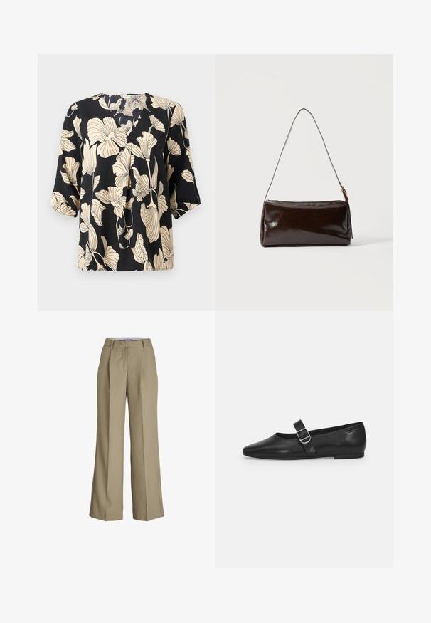 Zwarte blouse met een bloemenpatroon in beige, gemaakt van lichte stof. Het heeft een ontspannen pasvorm en korte mouwen met een subtiele plooidetail.; Beige wijde broek met een hoge taille, voorplooien en een gladde stoftextuur. Klassiek ontwerp met een op maat gemaakte afwerking.; Zwarte leren platte schoen met een ronde neus, een enkele verstelbare gespsluiting en een gladde, glanzende textuur. Minimalistisch ontwerp met een lage hak.; Donkerbruine rechthoekige leren schoudertas met een enkele dunne band en goudkleurige gesp op een effen achtergrond.