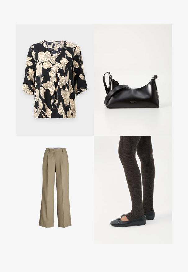 Blusa negra con un patrón floral en beige, confeccionada en tejido ligero. Tiene un corte relajado y mangas cortas con un sutil detalle de pliegue.; Pantalones de pierna ancha beige con una cintura alta, pliegues frontales y una textura de tela suave. Diseño clásico con un acabado a medida.; Piernas con leggings oscuros acanalados combinados con bailarinas negras que presentan pequeños detalles de lazo sobre un fondo blanco.; Bolso de mano de cuero negro con una textura suave. Cuenta con una correa ajustable y un diseño elegante y minimalista con cierre de cremallera.