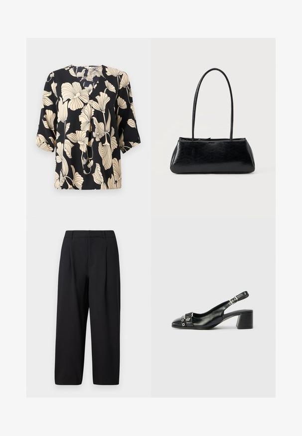 Zwarte blouse met een bloemenpatroon in beige, gemaakt van lichte stof. Het heeft een ontspannen pasvorm en korte mouwen met een subtiele plooidetail.; Zwarte broek met een ontspannen pasvorm, geplooid front, platte tailleband en een zachte textuur. Geëindigd op een cropped lengte, geschikt voor formele of casual kleding.; Zwart leren slingback hak met een spitse neus, eenTextuur strap met cirkelvormige metalen accenten en een gestapelde blokhak.; Zwarte rechthoekige schoudertas met lange dunne banden en een gladde, glanzende textuur op een effen achtergrond.