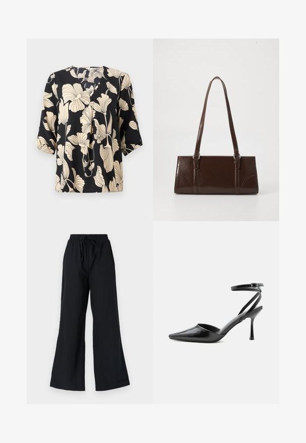 Blusa negra con un patrón floral en beige, confeccionada en tejido ligero. Tiene un corte relajado y mangas cortas con un sutil detalle de pliegue.; Pantalones de pierna ancha negros, hechos de un tejido ligero, que cuentan con una cinturilla elástica con cordón y una textura suave.; Zapato de tacón alto negro de punta fina con delgadas correas en el tobillo y cierre de hebilla plateada sobre un fondo liso claro.; Bolso de mano de piel sintética marrón con forma rectangular, dos asas largas y sutiles acentos curvados en la parte delantera.