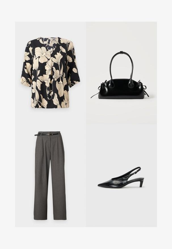 Blusa negra con un patrón floral en beige, confeccionada en tejido ligero. Tiene un corte relajado y mangas cortas con un sutil detalle de pliegue.; Pantalones de vestir grises de talle alto con pliegues y bolsillos laterales, combinados con un cinturón negro fino con hebilla redonda dorada.; Tacón de piel negra tipo slingback con punta afilada, tacón bajo tipo kitten y correa ajustable con hebilla. Textura suave con un detalle mínimo.; Pequeño bolso negro brillante con dos asas largas y detalles de cordón lateral sobre un fondo claro liso.