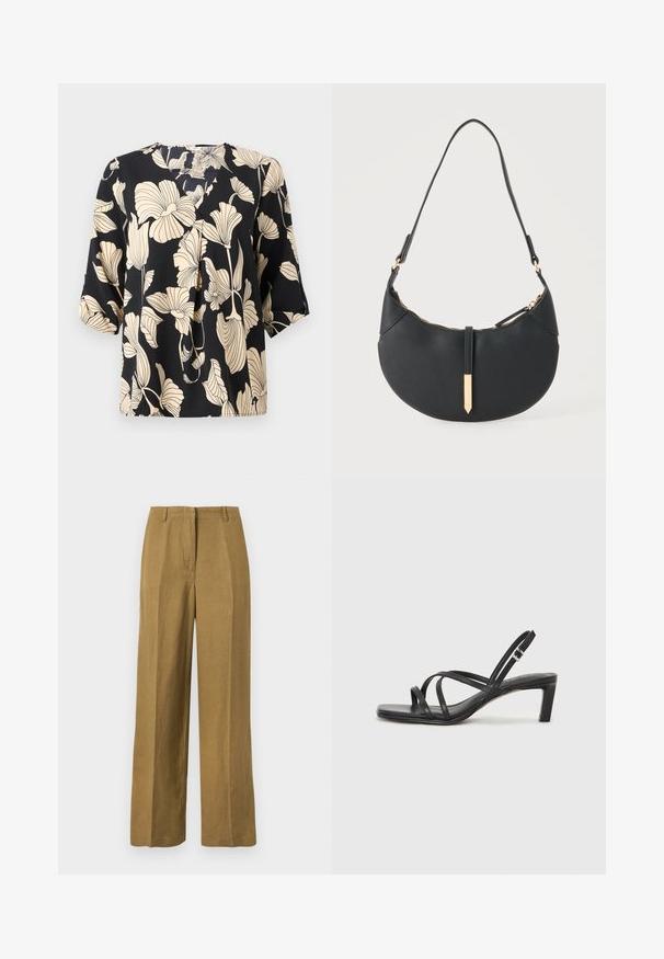 Zwarte blouse met een bloemenpatroon in beige, gemaakt van lichte stof. Het heeft een ontspannen pasvorm en korte mouwen met een subtiele plooidetail.; Rechte kaki broek met riemlussen en een gulp met ritssluiting aan de voorkant, weergegeven op een effen witte achtergrond.; Zwarte sandaal met bandjes, vierkante teen en een lage blokhak. Voorzien van meerdere dunne bandjes en een verstelbare enkelband. Gemaakt van zacht leer.; Zwarte handtas in halve maanvorm met een enkele band, gouden rits en een gouden rechthoekige decoratieve tab aan de voorkant.