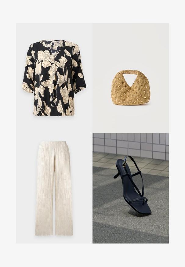 Blusa negra con un patrón floral en beige, confeccionada en tejido ligero. Tiene un corte relajado y mangas cortas con un sutil detalle de pliegue.; Pantalones de pierna ancha de color crema con un diseño texturizado con pliegues y una cinturilla elástica. Corte recto con una apariencia suave y fluida.; Sandalia negra de tacón alto con tiras delgadas y una hebilla dorada, colocada en posición vertical sobre un pavimento texturizado cerca de una pared con azulejos.; Bolso pequeño tejido de color beige con forma redondeada y tachuelas redondas en tono dorado que cubren uniformemente su superficie, con un asa recortada.