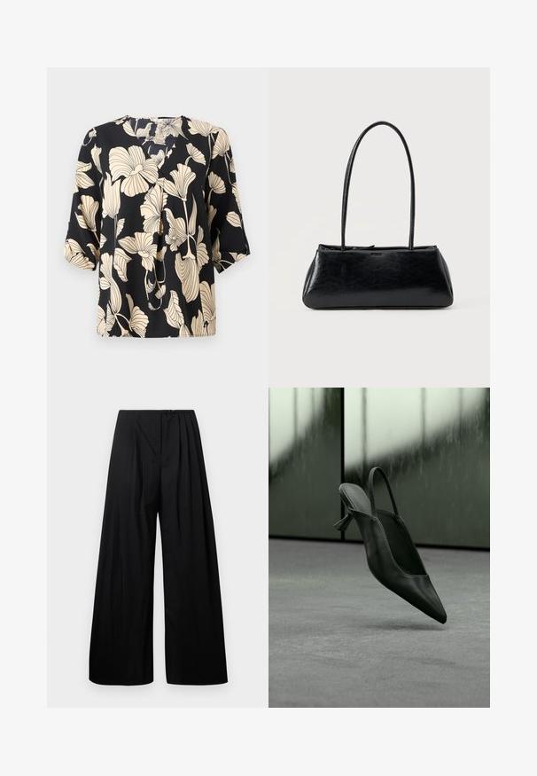 Blusa negra con un patrón floral en beige, confeccionada en tejido ligero. Tiene un corte relajado y mangas cortas con un sutil detalle de pliegue.; Pantalones de pierna ancha negros con cintura alta, que cuentan con pliegues verticales y cierre de botón. Textura suave, diseño minimalista.; Zapato de tacón alto con punta puntiaguda y talón destalonado de cuero negro flotando sobre un suelo alfombrado gris, fondo de pared verdosa borrosa.; Bolso de hombro rectangular negro con correas largas y delgadas y una textura lisa y brillante sobre un fondo liso.