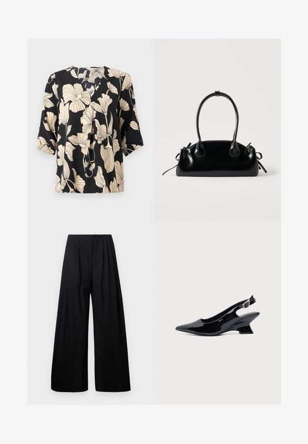 Blusa negra con un patrón floral en beige, confeccionada en tejido ligero. Tiene un corte relajado y mangas cortas con un sutil detalle de pliegue.; Pantalones de pierna ancha negros con cintura alta, que cuentan con pliegues verticales y cierre de botón. Textura suave, diseño minimalista.; Zapato slingback de cuero charol negro con puntera puntiaguda y tacón bajo en bloque inclinado sobre fondo claro liso.; Pequeño bolso negro brillante con dos asas largas y detalles de cordón lateral sobre un fondo claro liso.