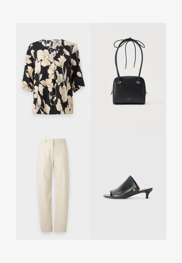 Zwarte blouse met een bloemenpatroon in beige, gemaakt van lichte stof. Het heeft een ontspannen pasvorm en korte mouwen met een subtiele plooidetail.; Beige rechte broek met knoop- en ritsluiting, lussen voor een riem en zijzakken op een effen witte achtergrond.; Zwarte leren open teen muiltjes met een lage hak. Heeft een glad oppervlak en een gouden logo accent aan de zijkant.; Zwarte leren Furla-handtas met gouden oogjes, dubbele handvatten geknoopt in een strik en een ritsluiting op een effen achtergrond.