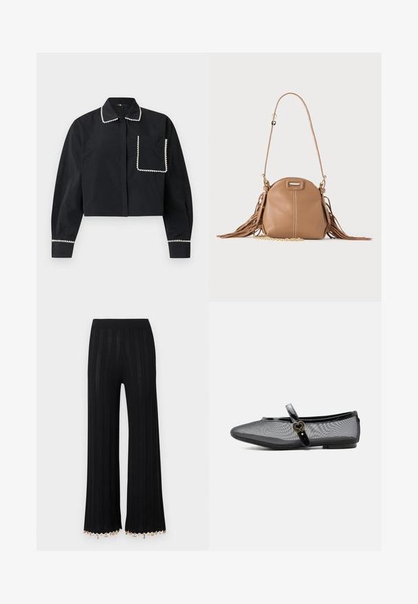 Chemise noire à manches longues et courte, dotée d'une poche avant, d'un col et de poignets ornés de perles blanches imitant des perles.; Pantalon en maille noir à jambes larges avec côtes verticales et détails de charms dorés le long de l'ourlet sur un fond uni clair.; Chaussure plate Mary Jane en mesh noir avec bride brillante et boucle dorée en forme de cœur, petit talon et bout arrondi sur fond uni.; Petit sac à bandoulière en cuir fauve avec longue bandoulière, détail chaîne dorée et franges des deux côtés sur un fond neutre.
