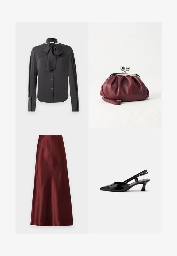 Blouse noire en tissu lisse, avec un col à nœud, des manches longues, une fermeture à boutons à l'avant et des détails aux poignets.; Jupe maxi en satin bordeaux avec une texture lisse et brillante et une silhouette droite. Caractérisée par une taille haute et une longueur jusqu'aux chevilles.; Chaussure slingback en cuir verni noir à petit talon, bout pointu et bride réglable avec boucle dorée sur fond blanc.; Petit sac pochette en cuir bordeaux avec fermoir métallique argenté et bracelet sur fond blanc.