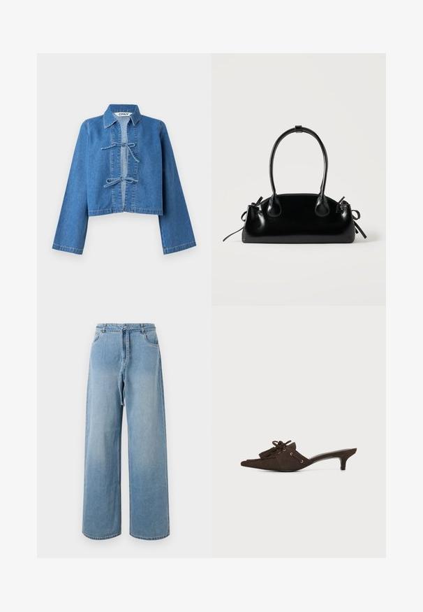 Geknipt blauwe denimjas met een kraag, lange mouwen en een centraal geplaatste toggelsluiting. Gladde textuur, minimale stikseldetails.; Lichtblauwe denim wijde pijpen jeans met een hoge taille, voorzien van voorzakken, een strikriem en een vervaagde textuur.; Donkerbruine suède puntmuil met lage kittenhak, decoratieve tassels en kantdetail op een witte achtergrond.; Kleine zwarte glanzende handtas met twee lange hengsels en zijkant trekkoord details op een effen lichte achtergrond.