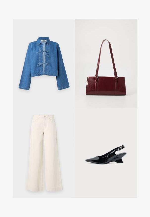 Geknipt blauwe denimjas met een kraag, lange mouwen en een centraal geplaatste toggelsluiting. Gladde textuur, minimale stikseldetails.; Wijdvallende, lichtbeige denim broek met een hoge taille, twee voorzakken, knoopsluiting en subtiele stikseldetails.; Zwarte lakleren slingback schoen met spitse neus en lage schuine blokhak op een effen lichte achtergrond.; Bourgondische handtas van glanzend materiaal, rechthoekige vorm, met twee schouderbanden en subtiele gebogen accenten aan de voorkant.
