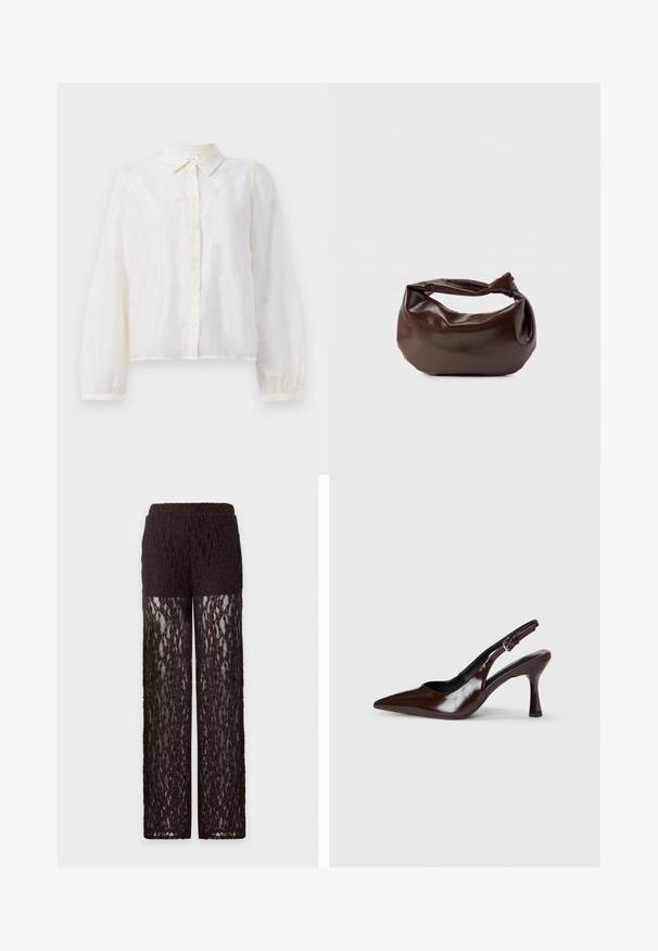 Chemise blanche brodée à manches longues, avec un devant à boutons et un col. De petits motifs floraux décorent le tissu.; Pantalon en dentelle marron avec partie haute de la cuisse opaque et jambes en dentelle transparente, coupe droite et taille élastique.; Talons slingback en cuir verni brun avec un bout pointu, un talon fin, et une sangle réglable avec une petite boucle.; Sac bandoulière en cuir marron foncé avec une forme souple et décontractée et une anse nouée torsadée sur un fond blanc uni.