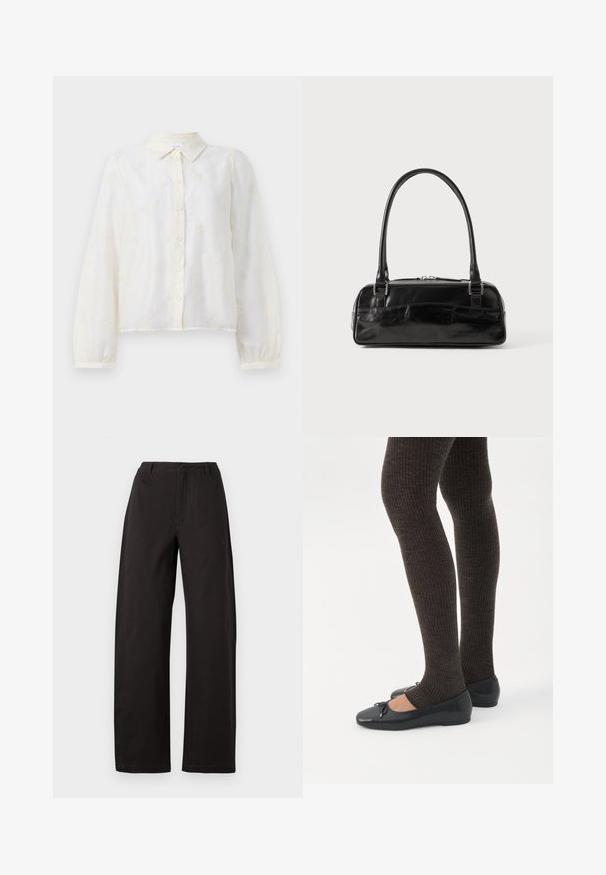 Chemise blanche brodée à manches longues, avec un devant à boutons et un col. De petits motifs floraux décorent le tissu.; Pantalon large noir, avec une taille haute, une coupe droite et une texture lisse. Pas de motifs visibles ni de détails en métal.; Jambes portant des leggings côtelés foncés associés à des ballerines noires avec de petits détails en nœud sur fond blanc.; Sac à main en cuir noir de forme rectangulaire, doté d'une seule ansse structurée, de quincaillerie argentée et d'une fermeture éclair. Texture lisse.