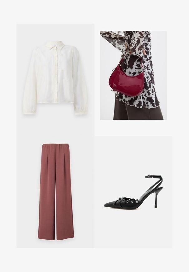 Camisa blanca bordada con mangas largas, cierre de botones en el frente y cuello. Pequeños patrones florales decoran la tela.; Pantalones de pierna ancha en tela texturizada rosa polvoriento con cintura elástica y pliegues frontales, presentados sobre un fondo liso.; Zapato de tacón alto negro con punta fina, bordes ondulados, ojales metálicos, cordones delanteros y una correa en el tobillo con cierre de hebilla.; Mujer con blusa de estampado en blanco y negro sosteniendo un bolso de hombro rojo brillante sobre un fondo liso.