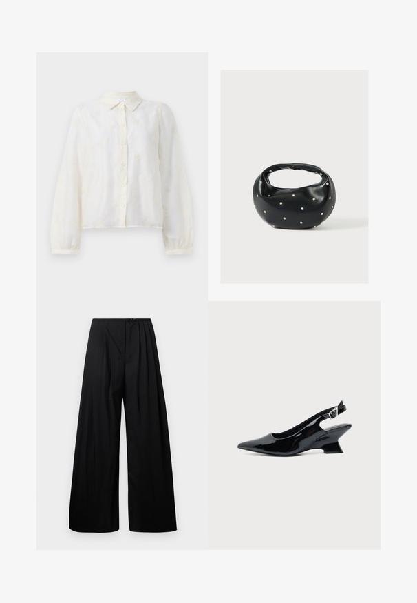 Camisa blanca bordada con mangas largas, cierre de botones en el frente y cuello. Pequeños patrones florales decoran la tela.; Pantalones de pierna ancha negros con cintura alta, que cuentan con pliegues verticales y cierre de botón. Textura suave, diseño minimalista.; Zapato slingback de cuero charol negro con puntera puntiaguda y tacón bajo en bloque inclinado sobre fondo claro liso.; Bolso de mano de cuero negro con forma redondeada, decorado con detalles de tachuelas plateadas y un asa corta. Textura lisa y cierre con cremallera.