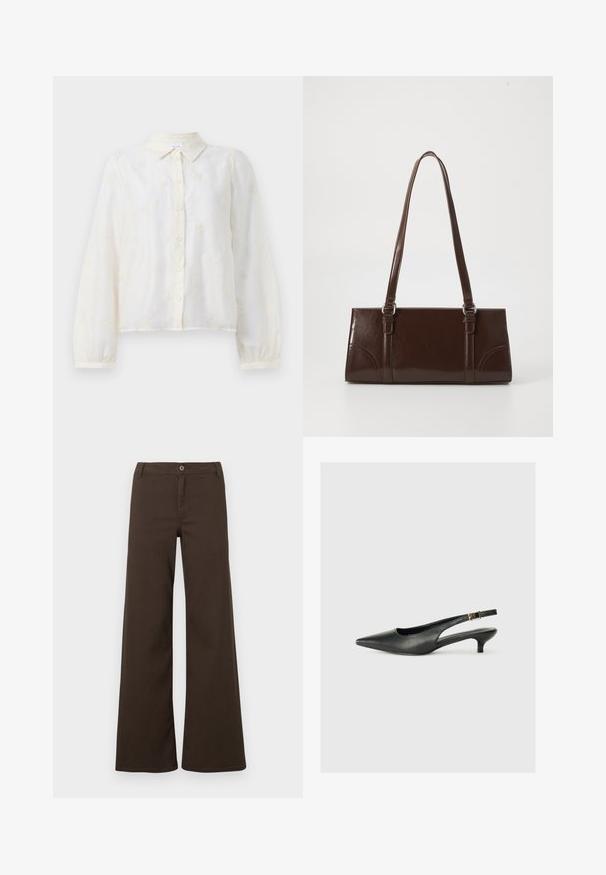 Camisa blanca bordada con mangas largas, cierre de botones en el frente y cuello. Pequeños patrones florales decoran la tela.; Pantalones de pierna ancha de tiro alto en marrón oscuro con cierre de botón y trabillas para cinturón, exhibidos sobre un fondo blanco liso.; Zapato de tacón slingback negro de punta afilada, hecho de cuero suave. Presenta un tacón delgado y un detalle de hebilla en la correa ajustable.; Bolso de mano de piel sintética marrón con forma rectangular, dos asas largas y sutiles acentos curvados en la parte delantera.